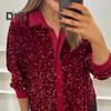 Women Sparkling Shirt Lapel Long Sleeve Single Breasted Shirt Tops Shiny Sequins Embellished Party Stage Blouse