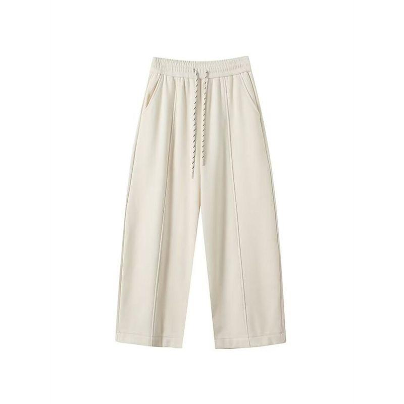 Bana Export Surplus Loose White Straight-Leg Fleece-Lined Sweatpants for Women Winter Drapey Wide-Leg Sports Pants