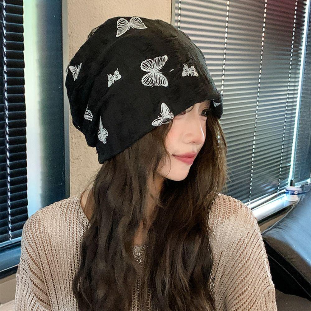 Holes Hair Caps Thin Pullover Hat Soft Butterfly Print Beanies  Outdoor