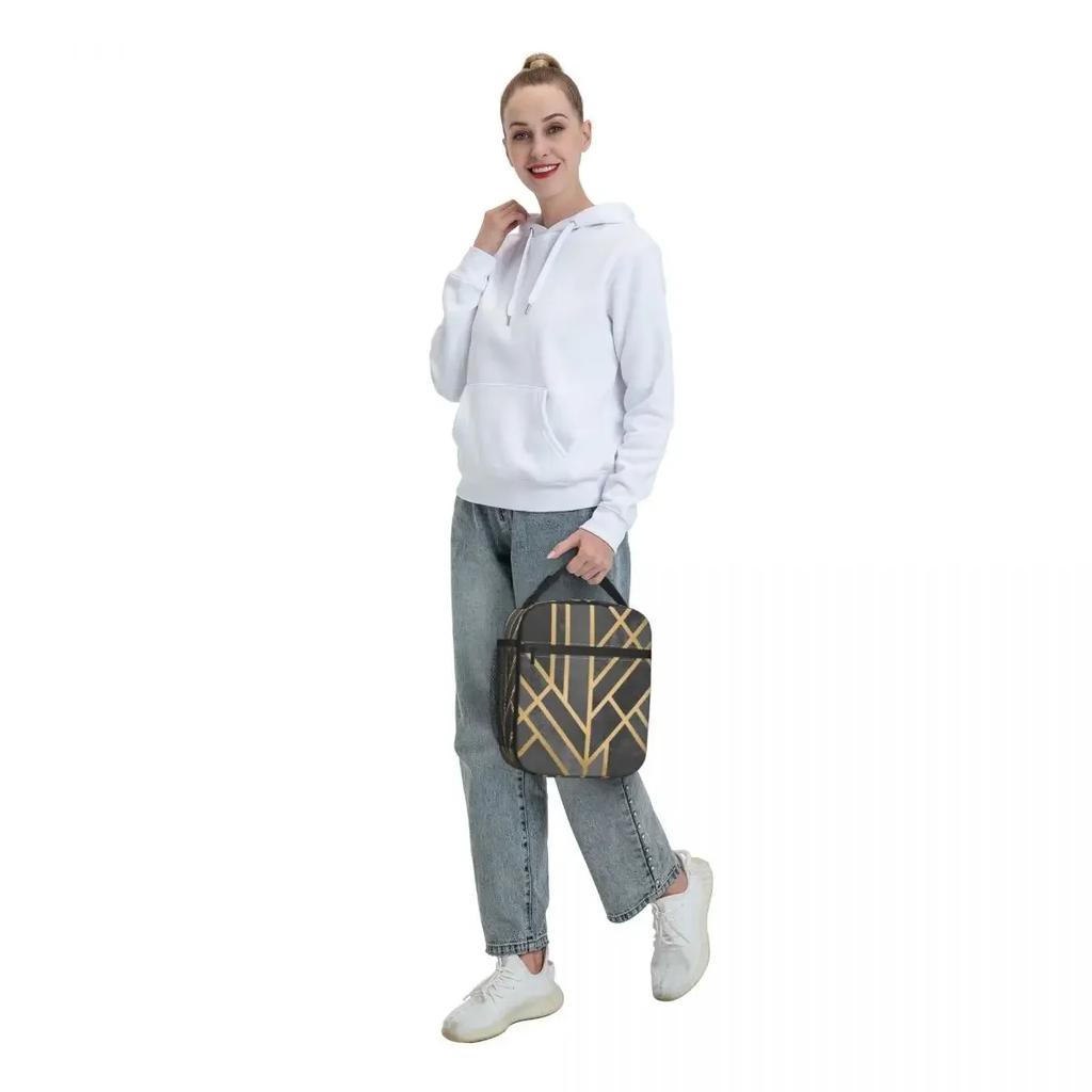 Grey Gold Geometry Art Deco Insulated Lunch Bag for Outdoor Picnic Abstract Geometry Portable Cooler Thermal Bento Box Women Kid