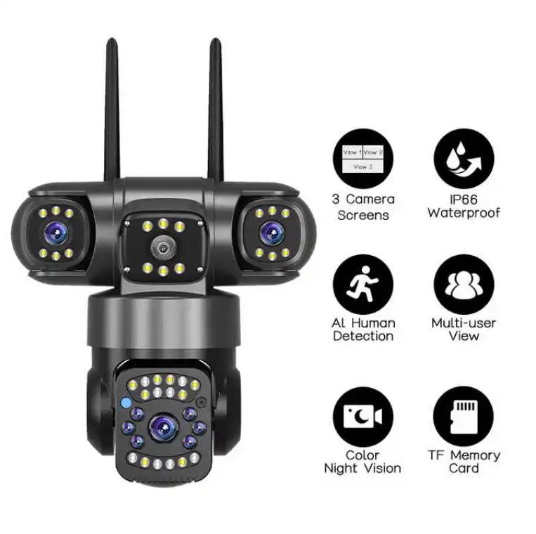 V380 4G Panoramic 3-Lens WiFi Waterproof Camera with 360° Pan-Tilt and HD Remote Monitoring.