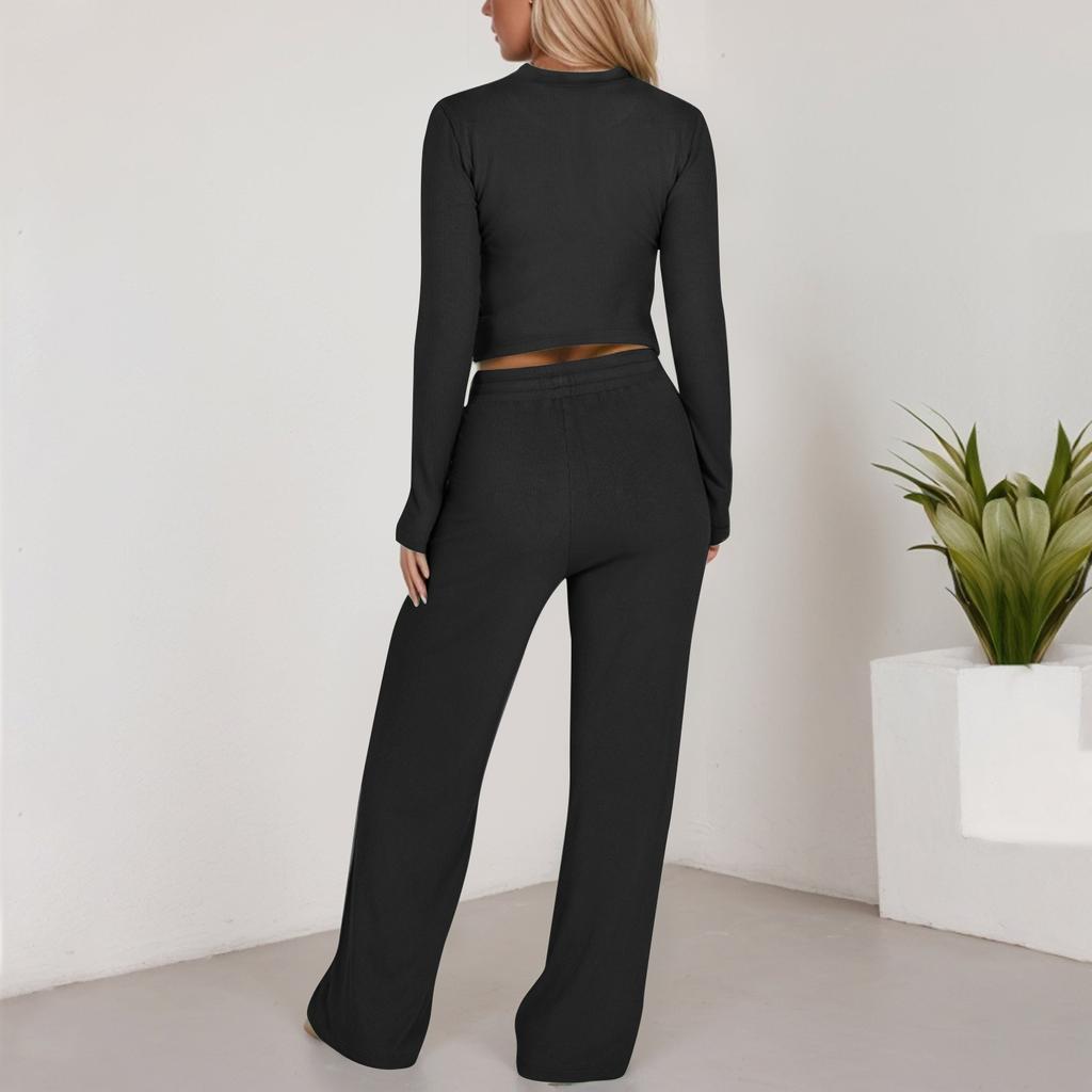 Женская спортивная одежда, повседневный короткий топ, длинные брюки, однотонный комплект из двух предметов, комплект с длинными рукавами