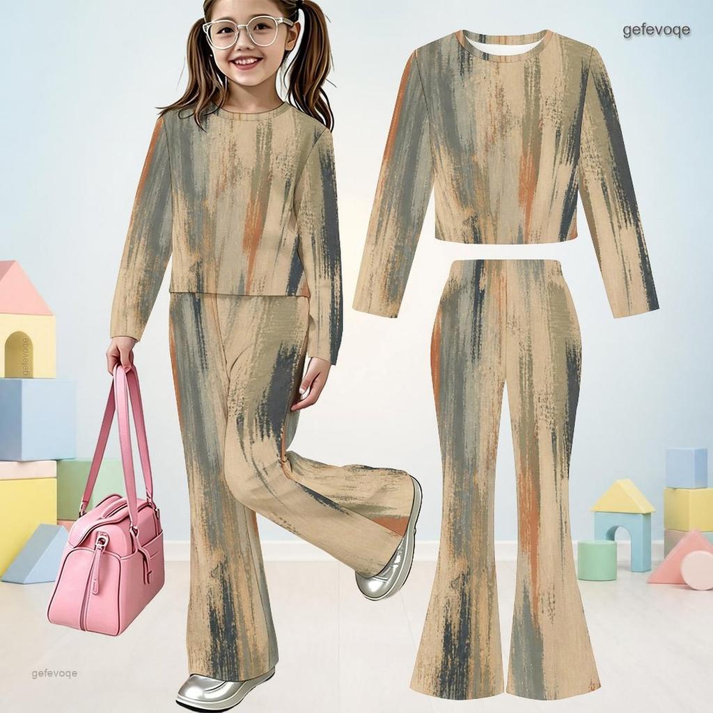 Girls Round Neck Long Sleeve Printed Top And Flared Pants Two Piece Outfit