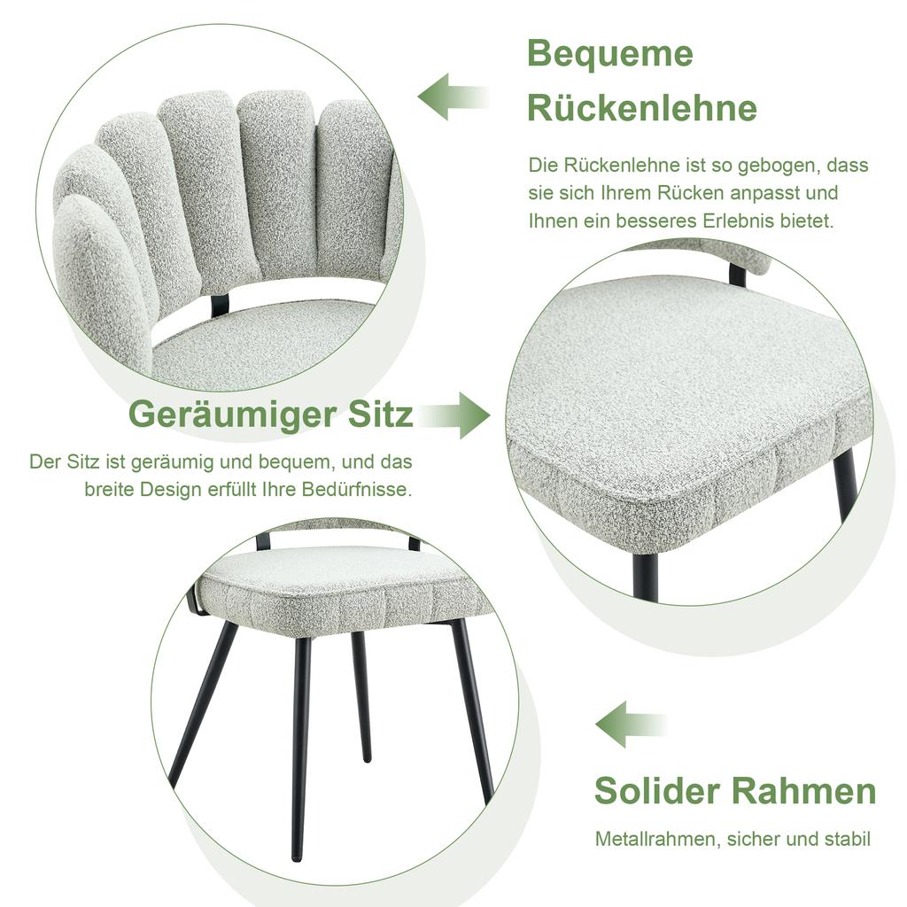 Table and chair set. Round 107 cm dining table in walnut look, double storage + 4 cream-grey fabric chairs with flower-shaped backrest made of bouclé.