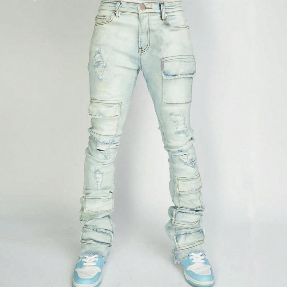 Streetwear Retro Style Men Ripped Spliced Slim Jeans Trousers Hip Hop Holes Stylish Denim Pants for Male