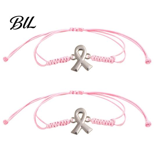 Adjustable Braided Rope Bracelet 2PCS Hand-woven Bracelets with Metal Ribbon Pendant, Cord Awareness Flexible Knot String Wristbands, Daily