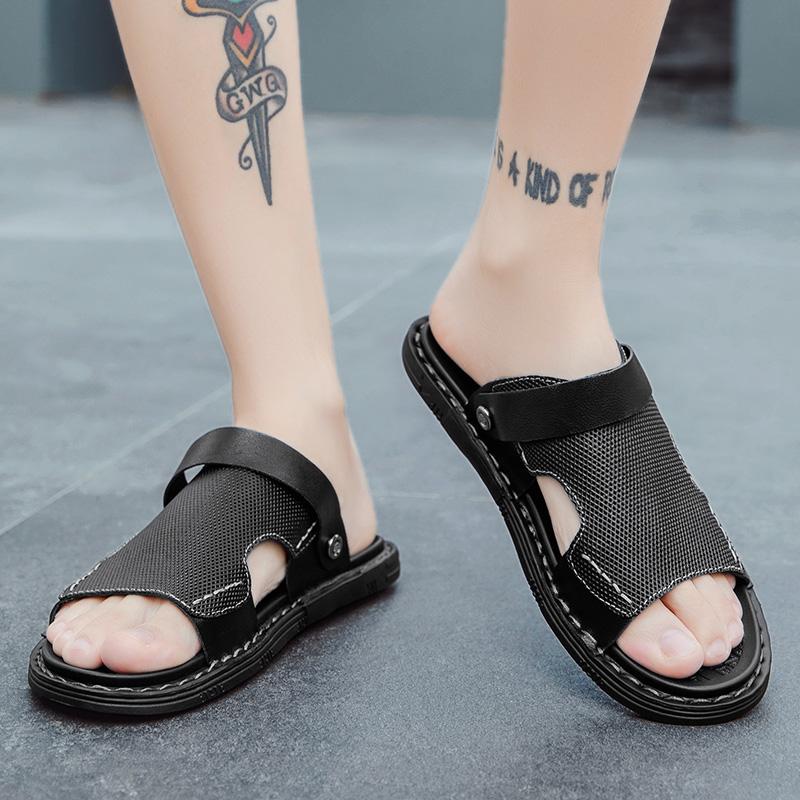 2024 Summer Men's Genuine Leather Black Sandals Non Slip and Wear Resistant Outdoor Beach Shoes Men's Dual Purpose Casual Shoes