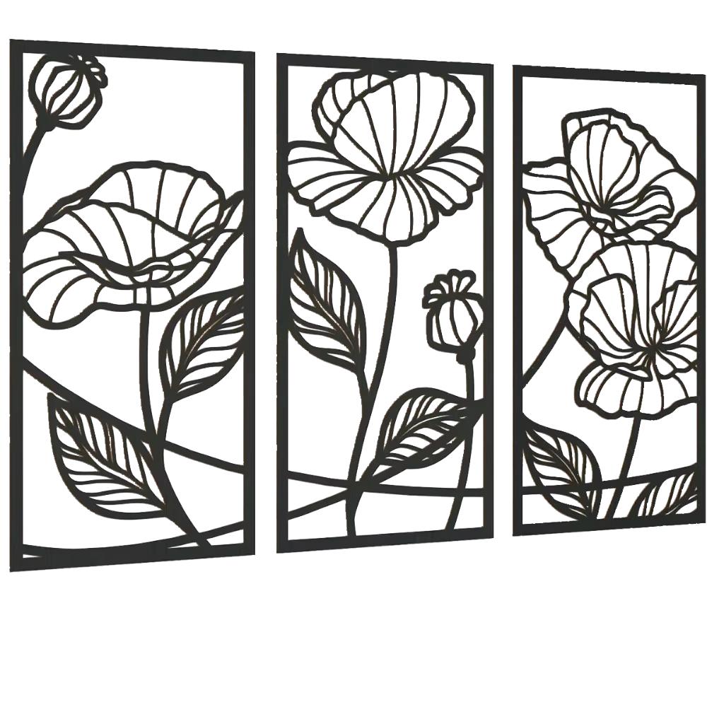 3-панельное потрясающее черное минималистичное металлическое настенное панно: Современная скульптура Line Flower для гостиной. Черный минималистичный Line Flower