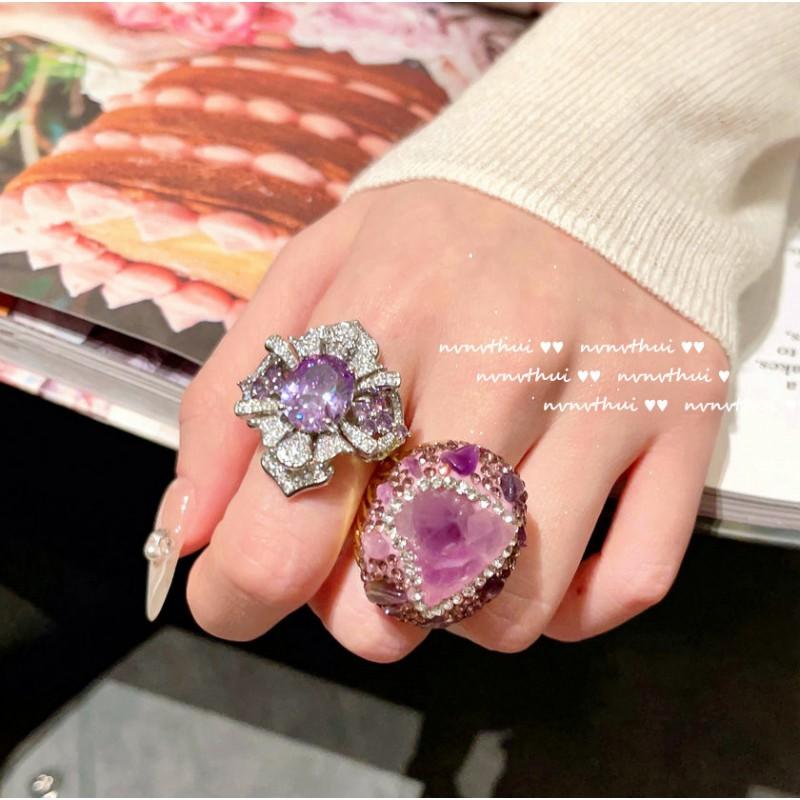 Винтажное Цветочное Кольцо с Фиолетовым Кубическим Цирконием Покрытие 18K Золото Регулируемое Открытое Кольцо Женское