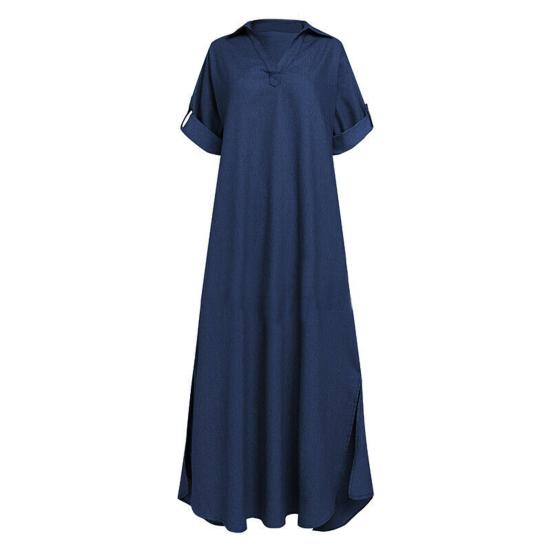 Летнее джинсовое платье для женщин, повседневные весенние синие платья макси с v-образным вырезом и половиной рукава, длинные платья больших размеров с разрезом