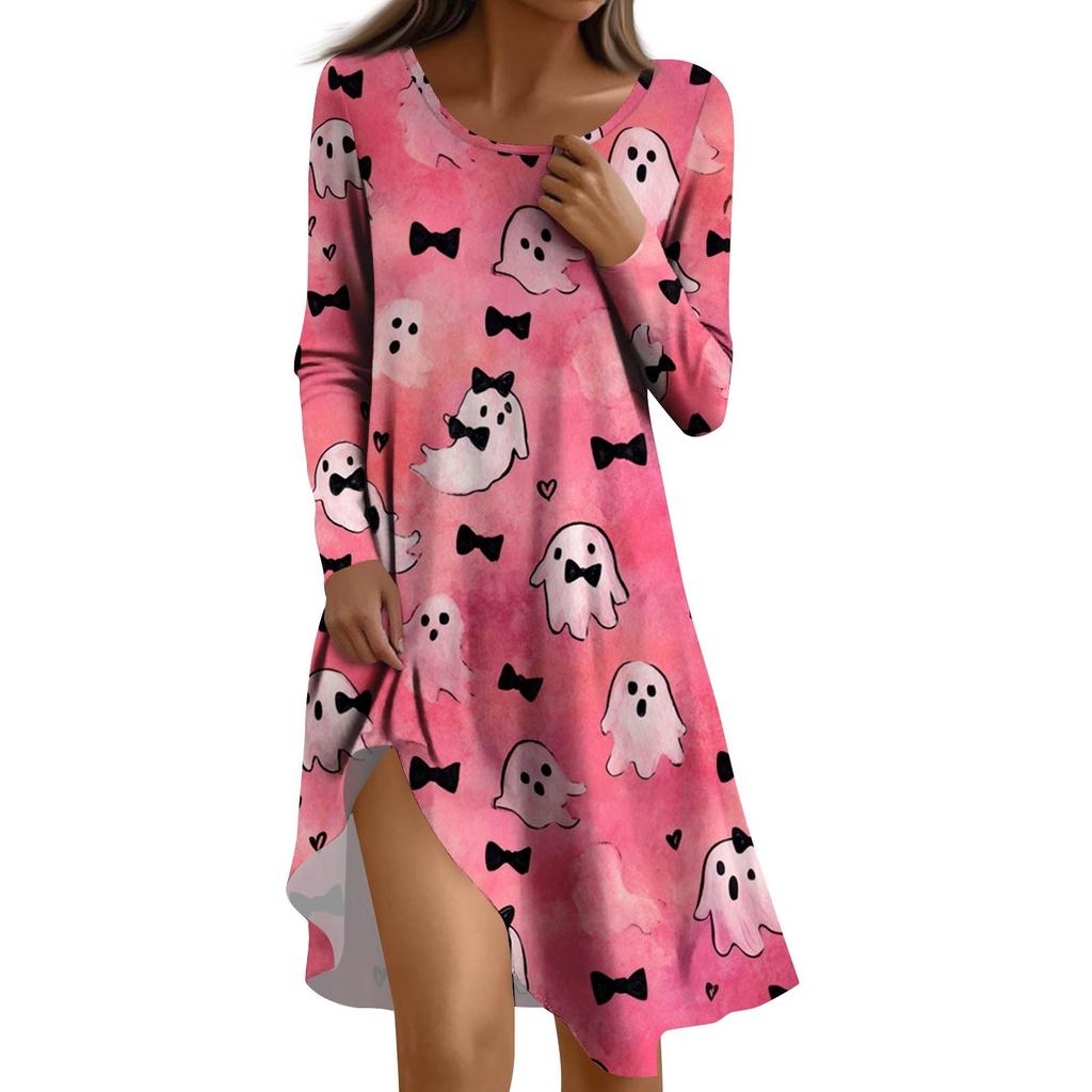 Ladies Halloween Party Dress 3D Horror Pumpkin Ghost Print Long Sleeve round Neck Casual A-Line Dress Vestidos