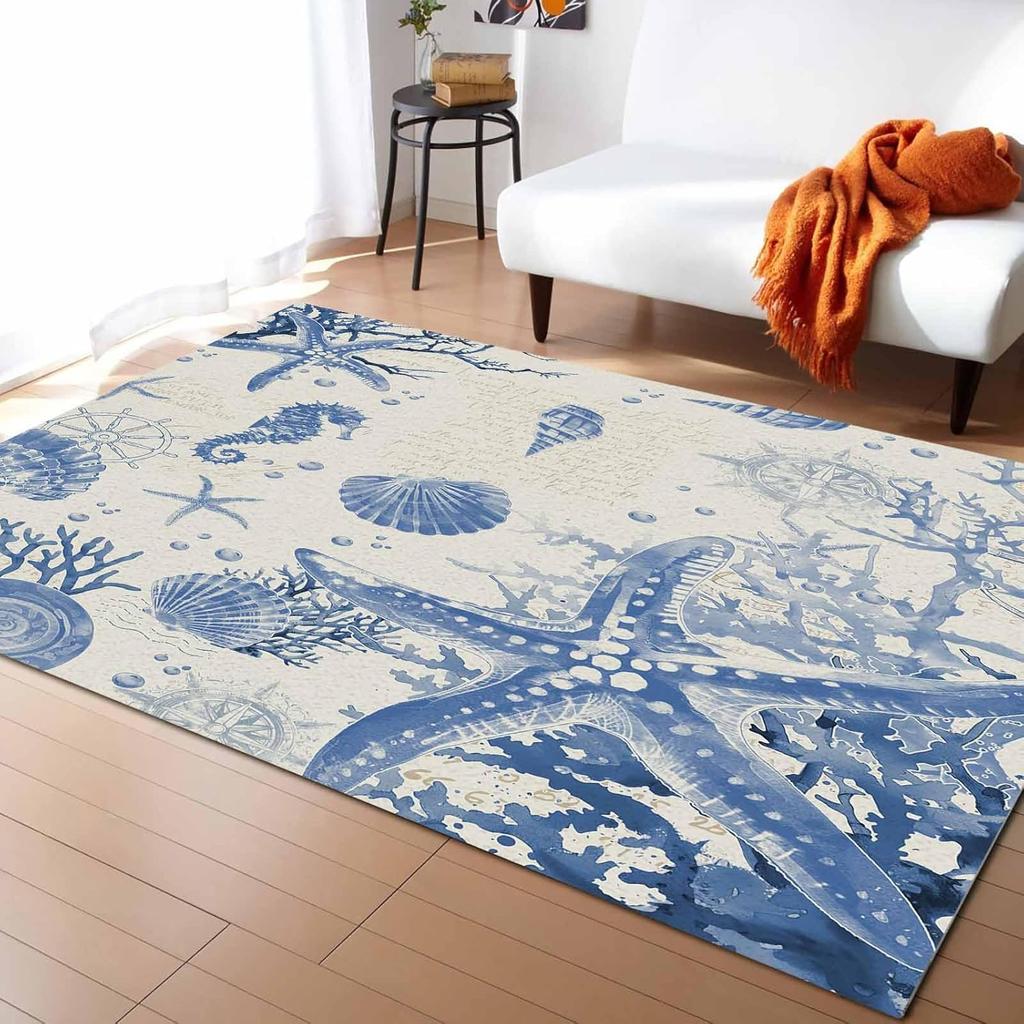 Vintage Starfish Washable Area Rugs Coral Seahorse Shell Ocean Blue Non Slip Rugs for Living Room Bedroom, Low Pile Floor Mat