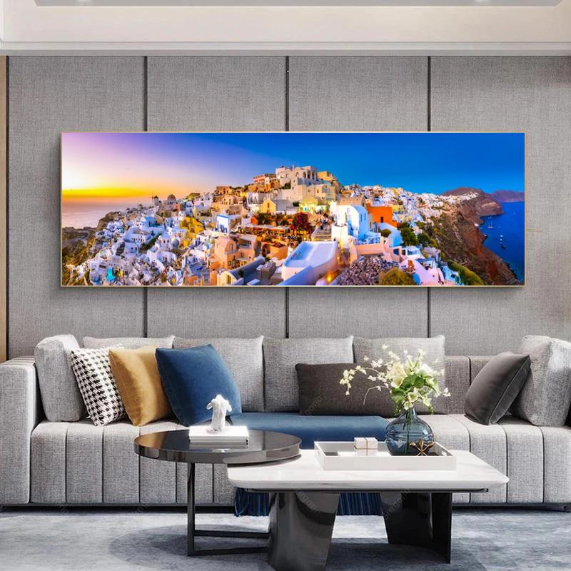Greek Village Posters Santorini Landscape Painting Canvas Prints Wall Art Pictures for Living Room Sunset Sea Cuadro No Frame