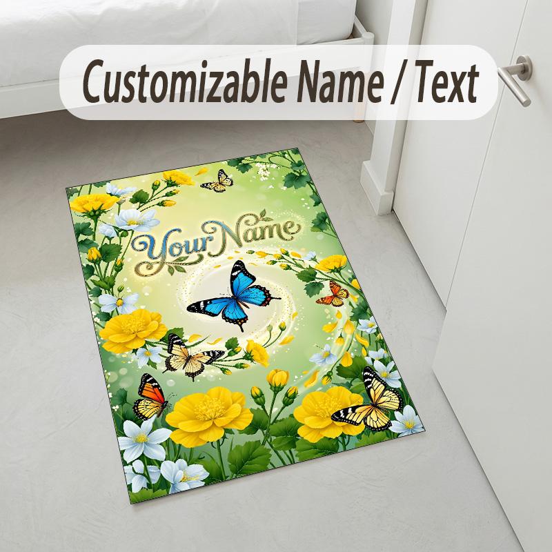 Butterfly Theme Crystal Velvet Rug Personalized Custom Name Text Soft Floor Mat Home Decor