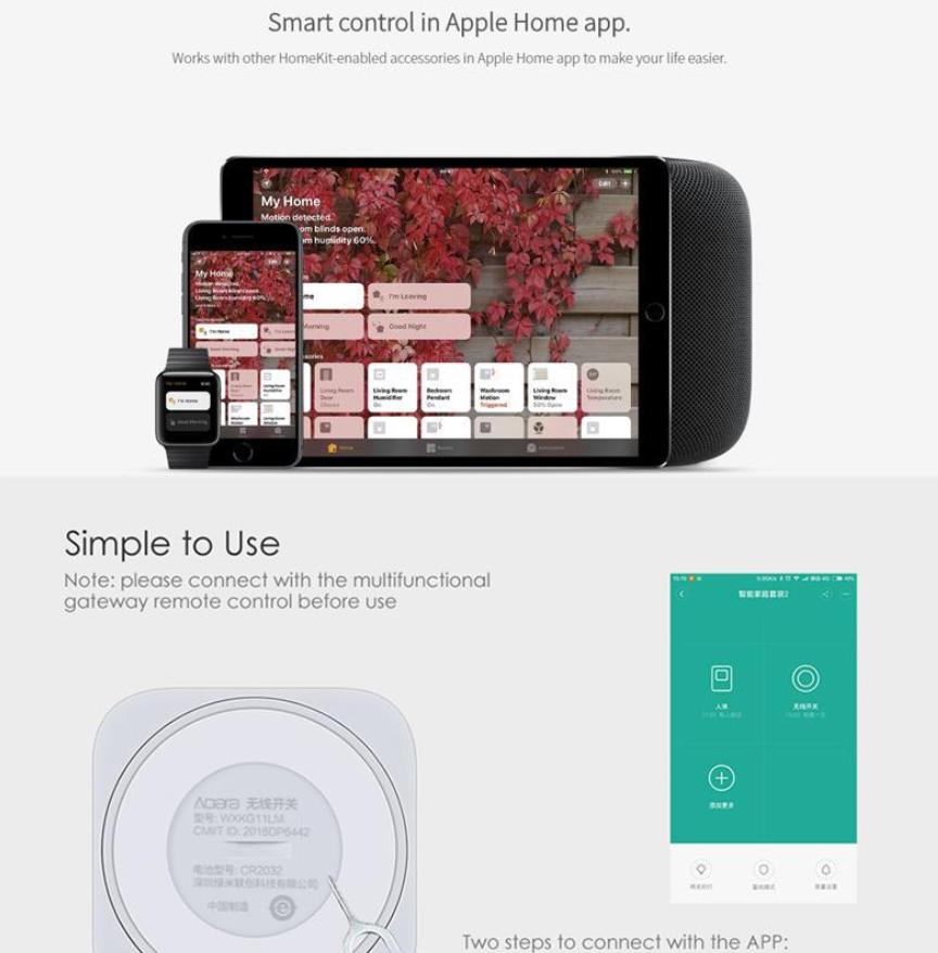 Mijia Aqara Smart Wireless Switch Key Интеллектуальное приложение Дистанционное управление Беспроводное соединение Wi-Fi ZigBee для Xiaomi Mih… Больше