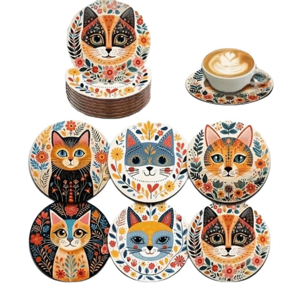 6 pcs Cat Wooden Coasters Devil's Eye Heat Resistant Coasters Puppy Design Mats Kitchen Set