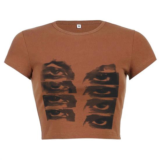 Винтажная футболка с короткими рукавами, женская Y2k, укороченный топ с эстетическим графическим принтом глаз, уличная одежда, Harajuku, готическая футболка с круглым вырезом, тонкая