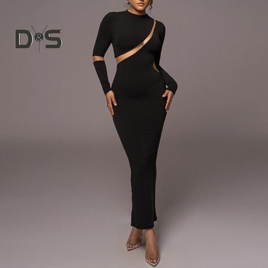 Женское платье из прозрачной сетки в стиле пэчворк, облегающее платье с разрезом, длинным рукавом, круглым вырезом, однотонное эластичное, с вырезом, длиной до щиколотки, вечернее, выпускное, макси-платье