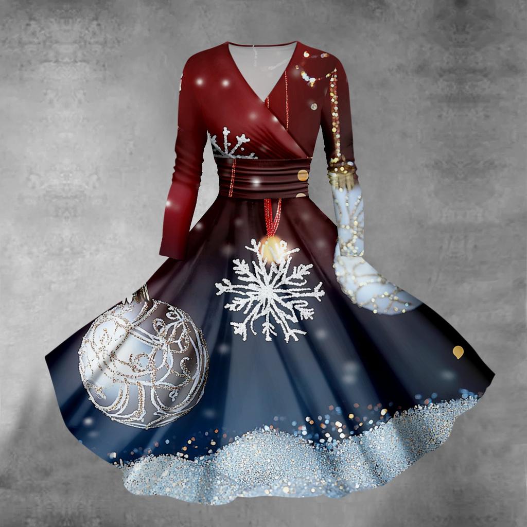 Женское облегающее платье свободного кроя с принтом рождественской елки и снежинок, V-образным вырезом и длинными рукавами