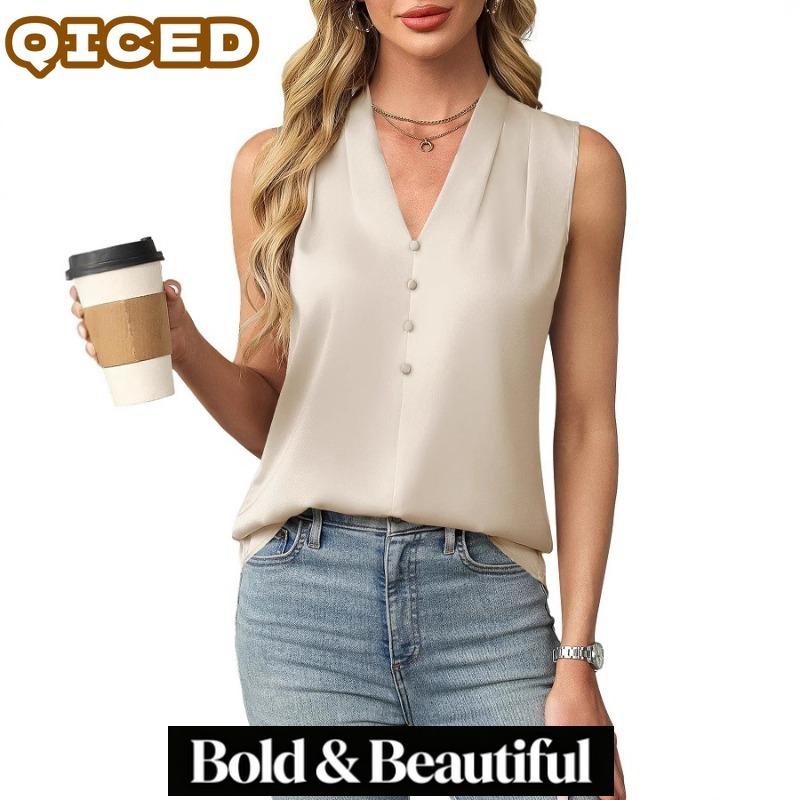 QICED Women's Fashion Sleeveless V-Neck Casual Blouses & Shirts