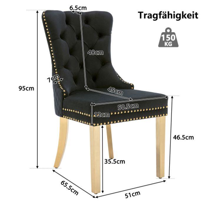 Chaise de salle à manger (dossier avec tirettes arrondies uniques, 4 branches), pieds en acier inoxydable doré, noir/doré