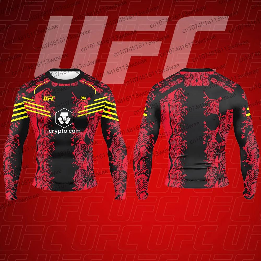 UFC x Crypto 2026 Официальная мужская компрессионная футболка с длинным рукавом для ММА, тренировок, спортзала, спортивная одежда, сине-черный дизайн