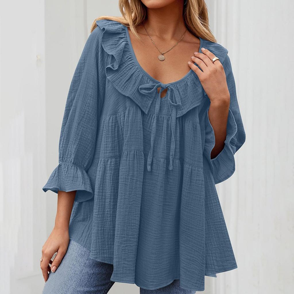 Женская туника-рубашка с круглым вырезом, завязками спереди, складками, декорированная, многослойная, свободная, с рукавами-семью точками