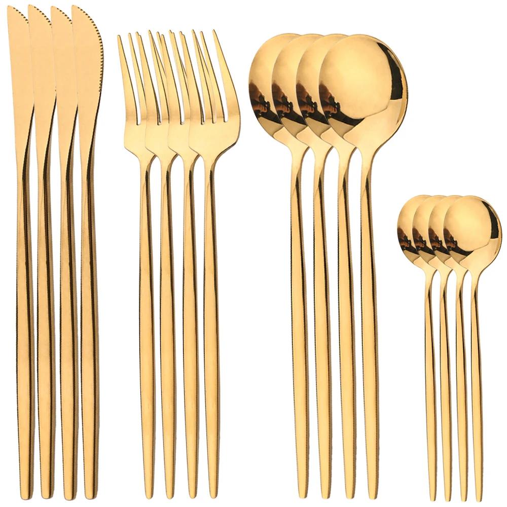 16Pcs Cutlery Luxury Golden Flatware Set, Stainless Steel Kitchen Dinner Spoons,Dinner Spoon Forks, Dinner Knives Silverware