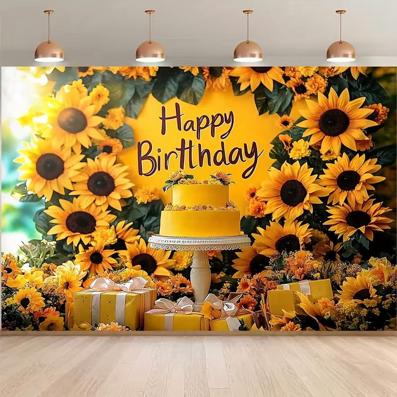2D Flat Printing Party Backdrop Cheerful Sunflower Birthday Scene with Greenery