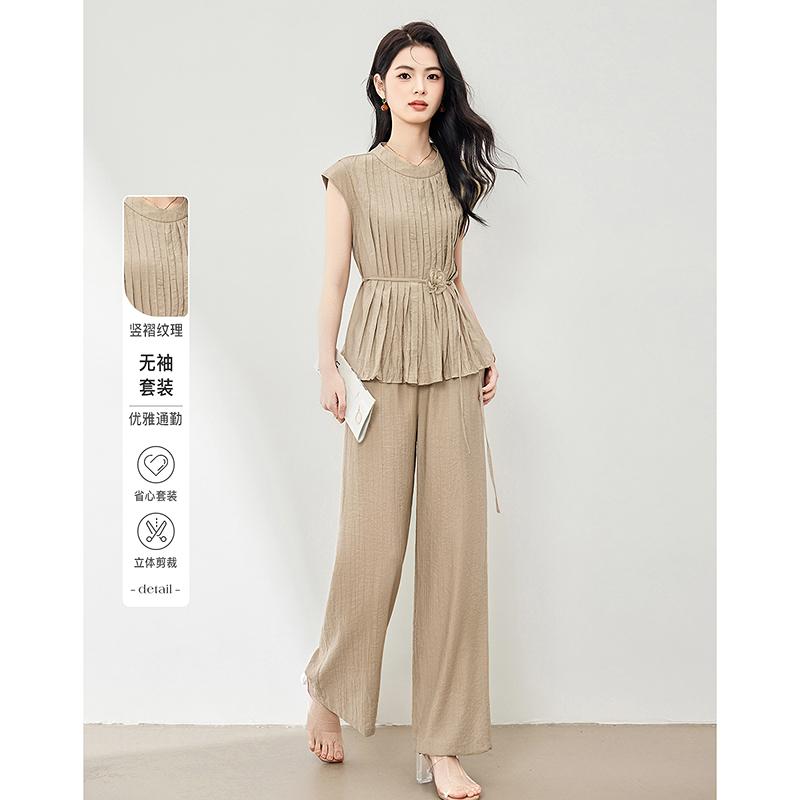 French loose suit stand up collar sleeveless pleated top wide leg pants two-piece set