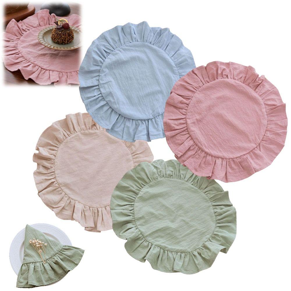 Simple Solid Color Ruffled Placemats Round Cotton Cloth Napkins Afternoon Tea Placemat for Wedding Decoration Table Decor