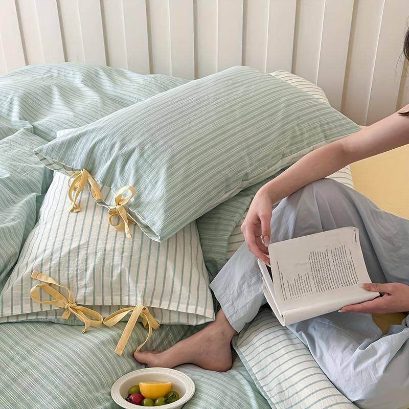 2 шт., Пара наволочек из 100% хлопка с бантом, Стандартный размер A, Светло-бежевый, Комфорт, приятный к коже, В полоску с бантом для декора, Подходит для гостиной