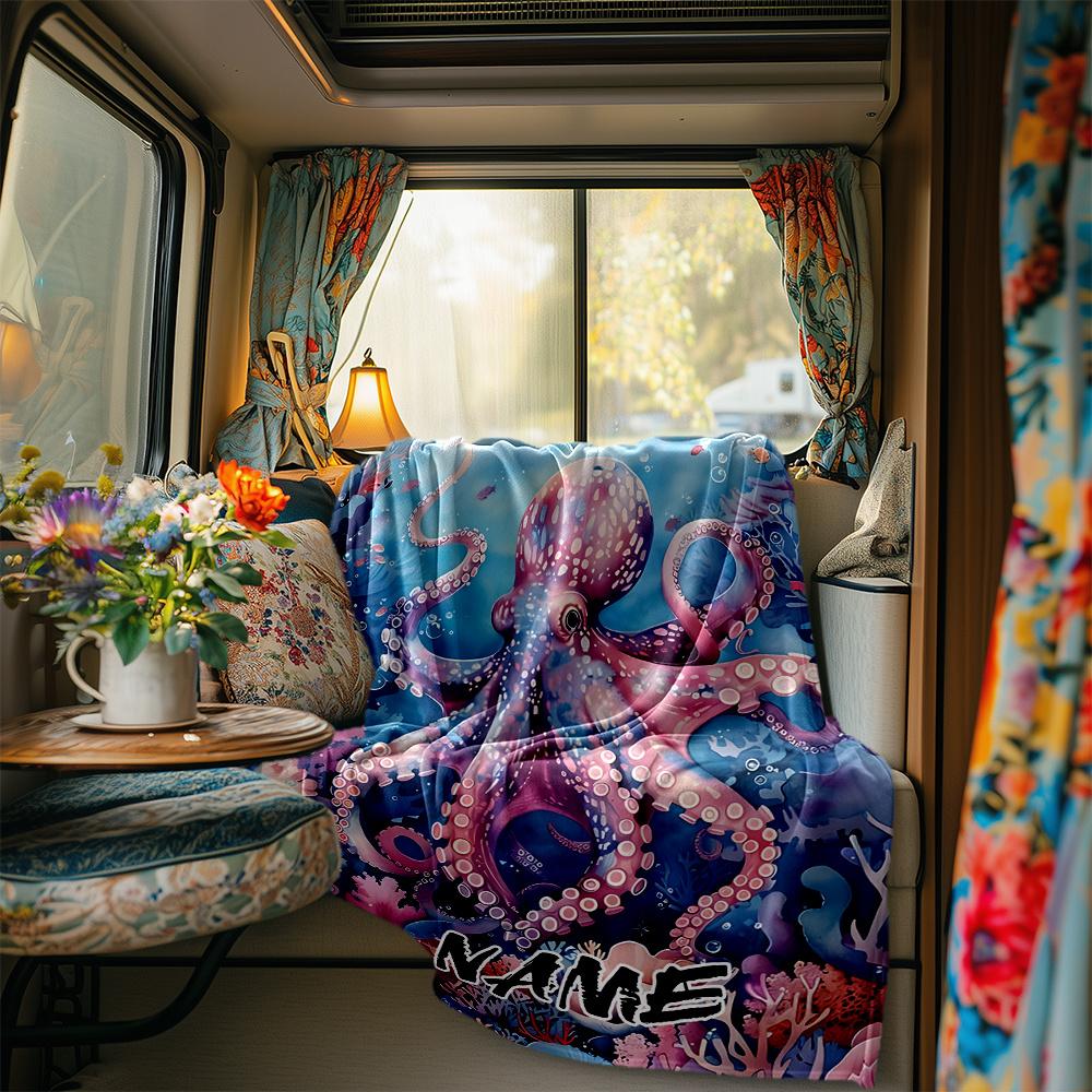 Ocean Life With Vibrant Octopus And Coral Reef Blanketcustomizable With Your Namecomfortable And Stylish Perfect For Travel Beds Chairs Offices Sofas
