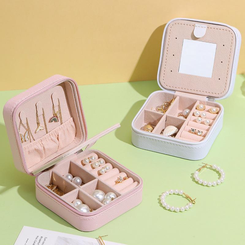 1pcs Portable Mirror Split Zipper Earring Earrings Necklace Jewelry Box Storage Jewelry Box Leather bag