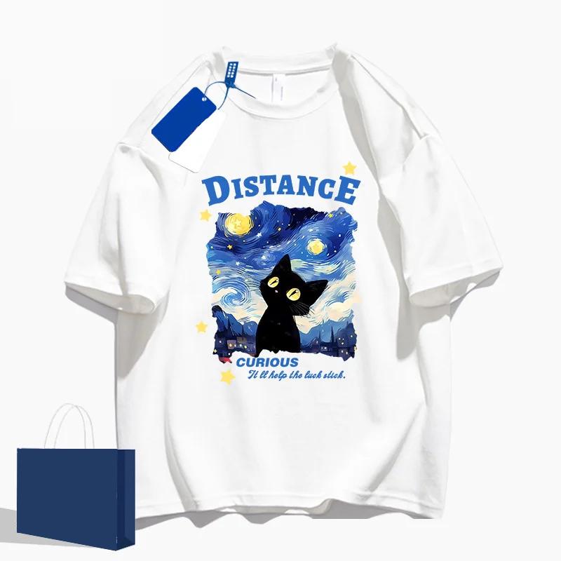 Starry Sky Cat Oil Painting Cute Print Men and Women Same Casual Sleeve T-shirt Summer Street Loose Round Neck Half Sleeve