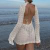 2023 Sexy Hollow Out Dress Cover-Ups Chic Women Vintage Crochet Flower Knit Backless Tie-Up Mini Dress Summer Beach Bodycon