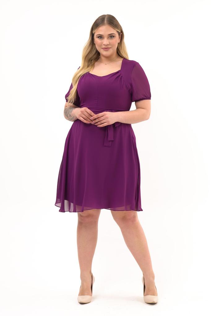 Women's Square Neck Pleated Detail Short Sleeve Midi Length Chiffon Dress 4469/105