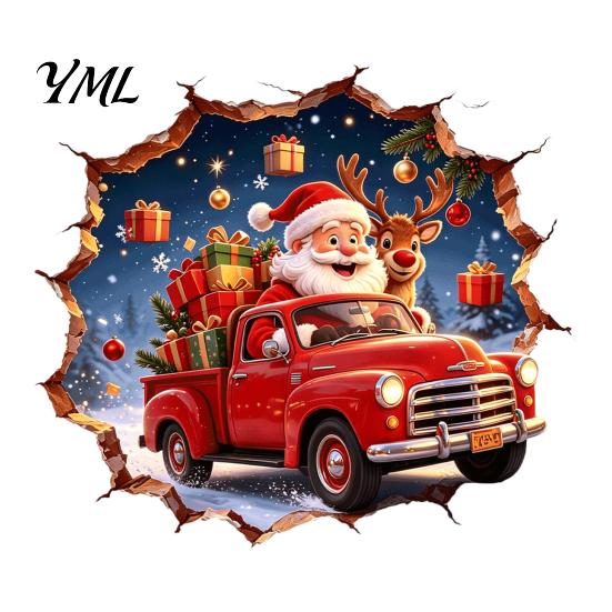 Removable Christmas Decorations Santa Claus Wall Stickers, Retro Peel And Stick Red Pickup Truck & Decals with Home Holiday Accents 3D Breaking
