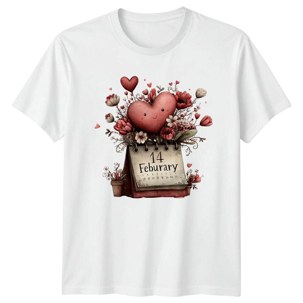 Unisex T-Shirt February 14 Valentine Heart Flowers Print Short Sleeve Tee