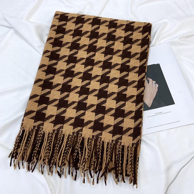 Women's Medium-Length Houndstooth Scarf - Warm, Sweet Style, Imitation Cashmere, Tassel Snood, Thick Shawl