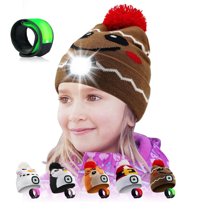 Kids LED Hat USB Rechargeable Headlamp Hat with LED Bracelet Winter Warm Knitted Night Light Hat Suitable for Camping Running Walking