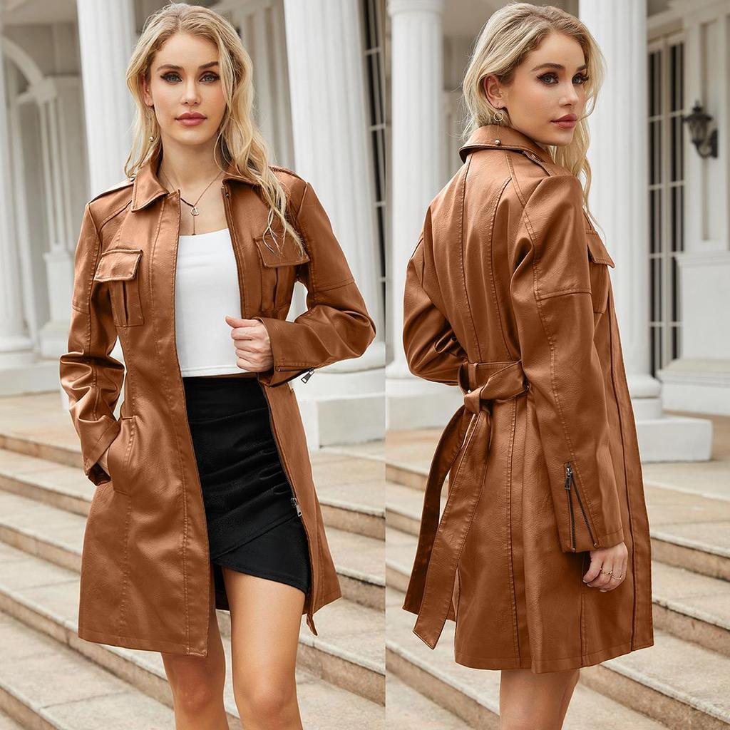 Женские тренчи, длинные куртки из искусственной кожи на молнии с поясными карманами, облегающее ветровое пальто из искусственной кожи, весенне-осенняя верхняя одежда