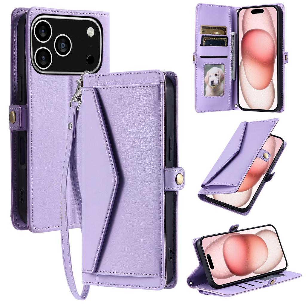 For iPhone 17 Pro Leather Case with Wrist Strap Wallet Stand Phone Cover