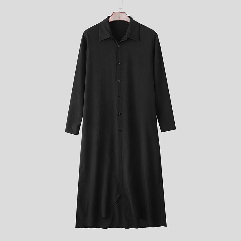 INCERUN Мужские рубашки-туники с отложным воротником, длинными рукавами, пуговицами, неровным подолом и высокими разрезами