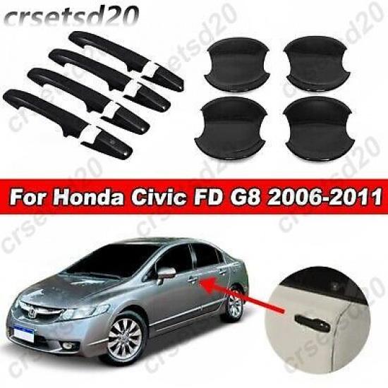 Glossy Black Exterior Car Door Handle + Bowl Cover Trim For Honda Civic 2006-11