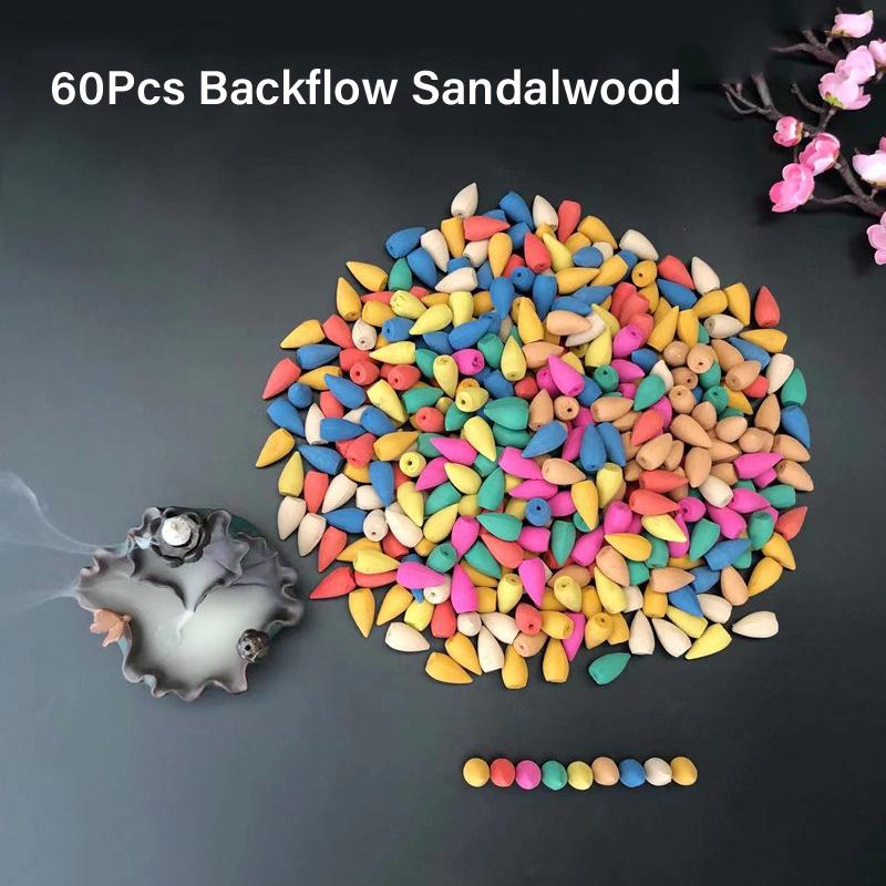 60Pcs Natural Tower Incense Sandalwood Air Purifying Backflow Incense Cones