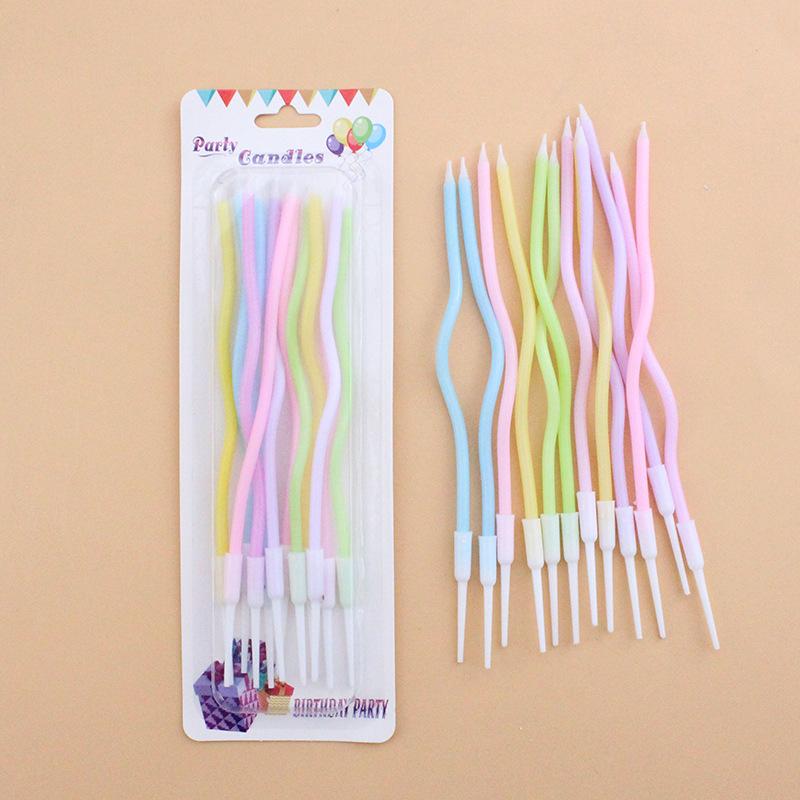 Новые разноцветные изогнутые свечи для торта на день рождения, креативные, для вечеринки, 12 шт., в упаковке на присоске, розовые, синие, изогнутые свечи