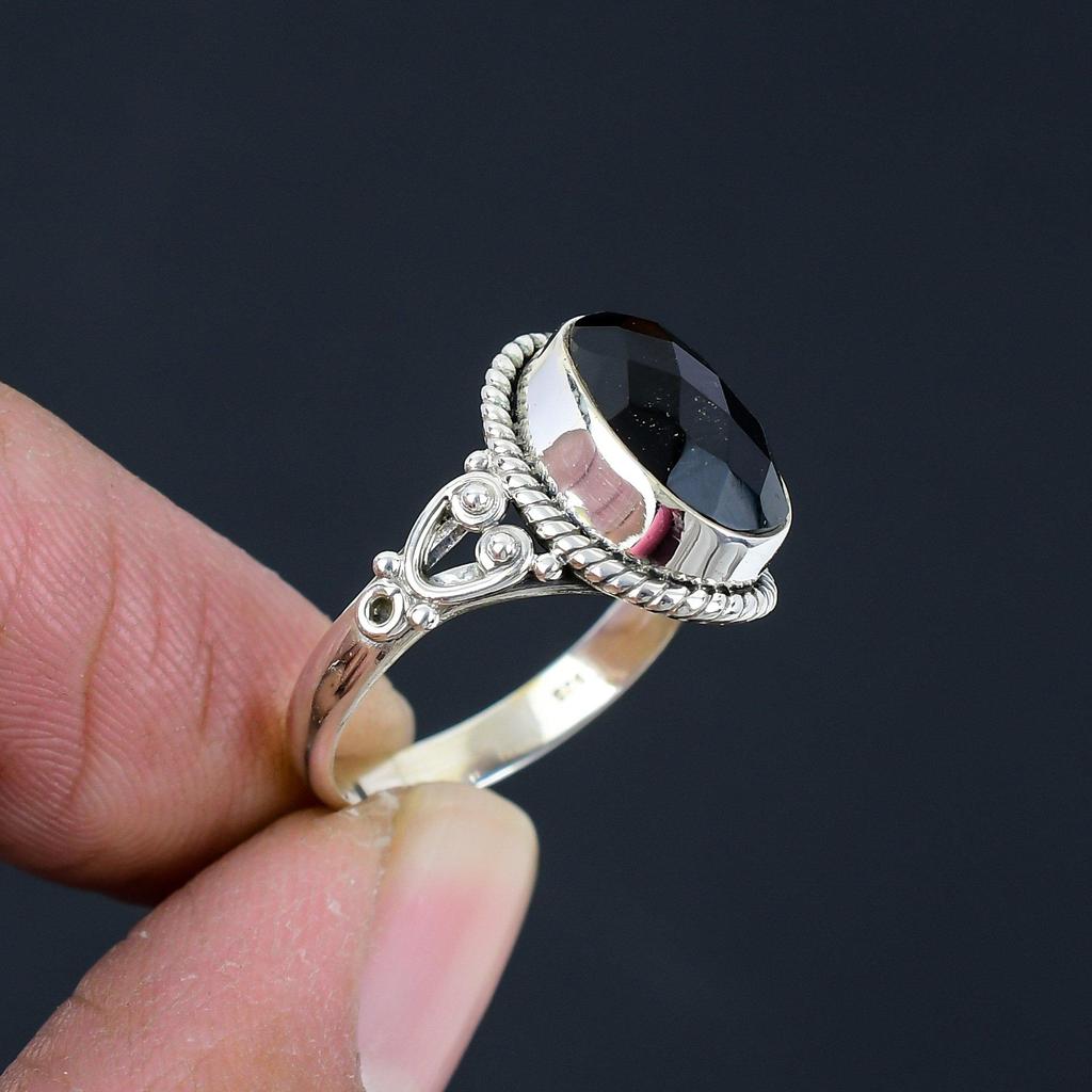 Натуральный черный оникс, драгоценный камень, стерлинговое серебро 925 пробы, граненое кольцо ручной работы, ювелирные изделия для женщин и девочек