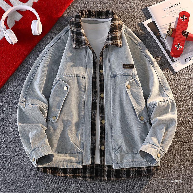 Модная мужская джинсовая куртка с клетчатыми вставками 2025 - Имитация двубортной куртки с отложным воротником для весны и осени