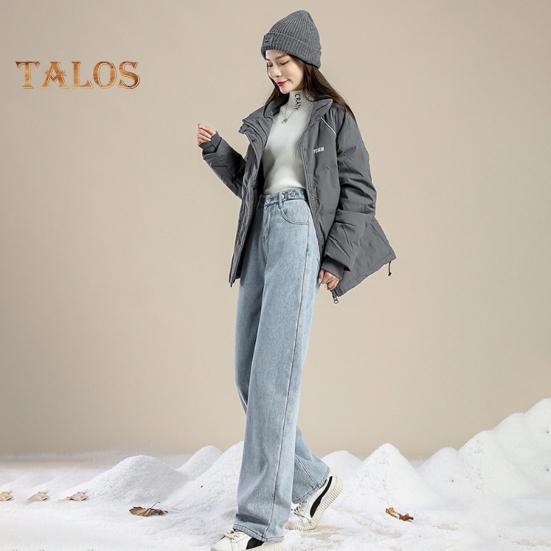 Женские зимние джинсы с высокой талией, застежкой-молнией, подкладкой из толстого бархата, свободным кроем, карманами, прямыми широкими штанинами, повседневными длинными брюками